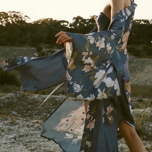Private Label Other - Bohemian Long Blue Floral Peacock Kimono Duster Robe